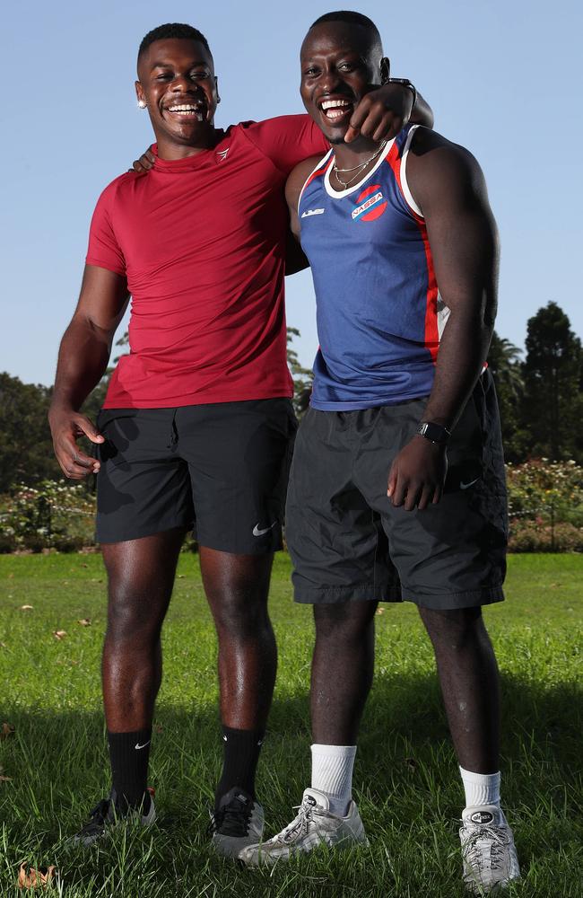 The Amazing Race stars Nick and Femi together at Cenetennial Park's Rose Garden in Sydney. Picture: Brett Costello