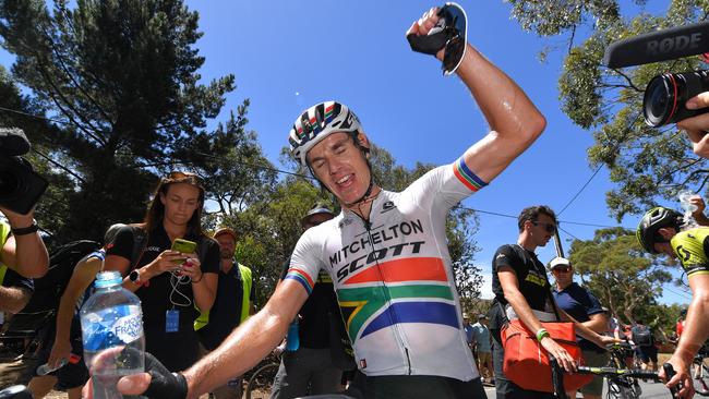 WILLUNGA HILL, AUSTRALIA - JANUARY 20: Arrival / Daryl Impey of South Africa and Team Mitchelton-Scott / Celebration / during the 21st Santos Tour Down Under 2019, Stage 6 a 151,5km stage from McLaren Vale to Willunga Hill 374m / TDU / on January 20, 2019 in Willunga Hill, Australia. (Photo by Tim de Waele/Getty Images)