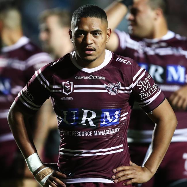 Manase Fainu of the Sea Eagles warms up prior to the First NRL Elimination Final between the Manly Sea Eagles and the Cronulla Sharks at Lottoland in Sydney, Saturday, September 14, 2019. (AAP Image/Brendon Thorne) NO ARCHIVING, EDITORIAL USE ONLY