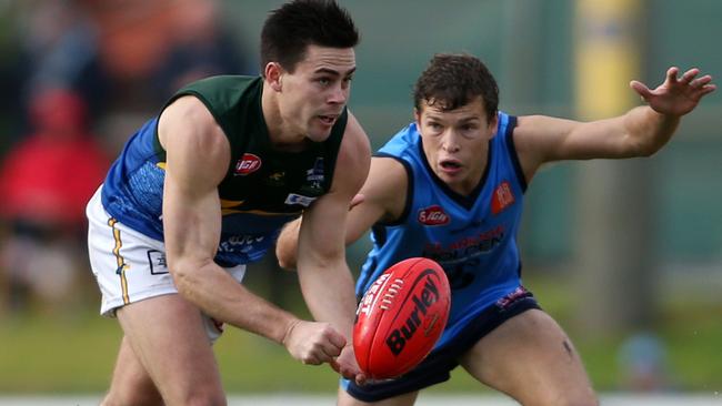 31/5/15 SANFL Sturt V Eagles at Woodville Oval. Matt Goldsworthy of the Eagles chased by Guy Page of Sturt. Picture by Matt Turner.