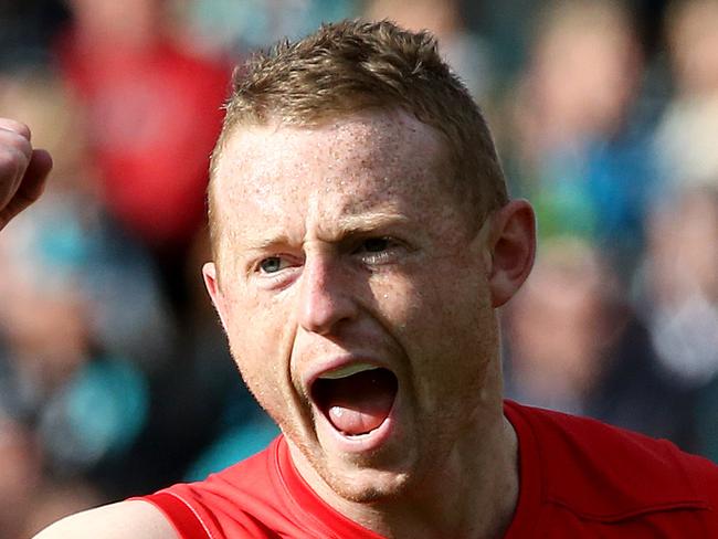 20-7-14 - AFL Round 18 - Port Adelaide v Melbourne at AAMI Stadium - Sam Blease celebrates a goal Picture Simon Cross