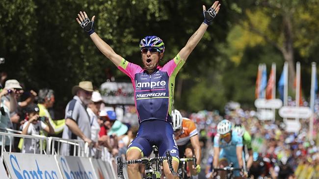 Diego Ulissi of Italy celebrates winning stage two. Picture: AFP