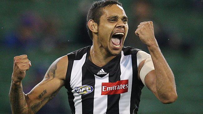 Brad Dick celebrates goal for the Magpies.