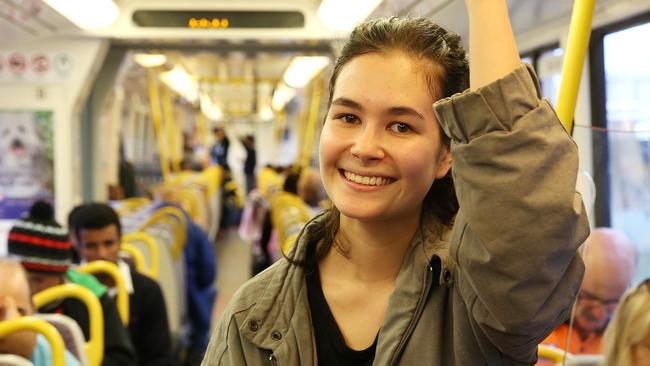 Jamaica Baker, 19, Pimpama, travelling on the train to Brisbane. Photographer: Liam Kidston.