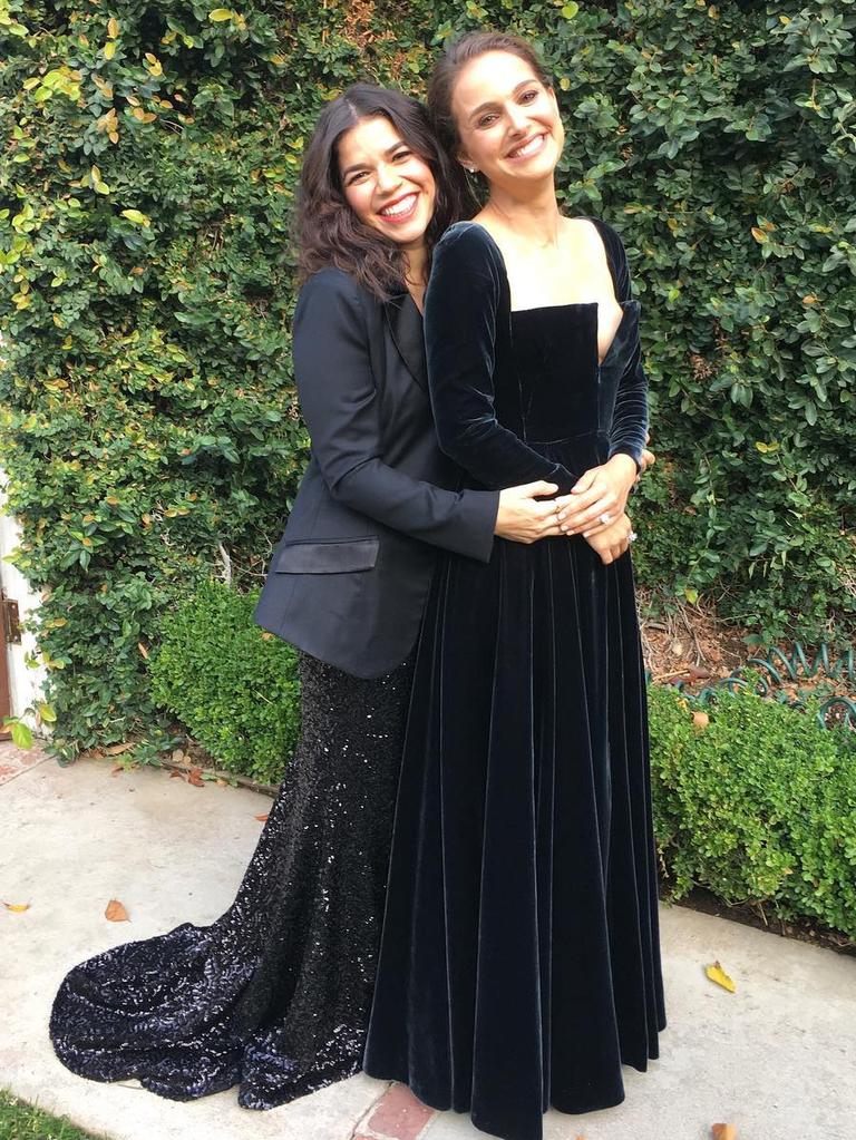 American Ferrera and Natalie Portman ... "My gentlewoman of a date, @nportmanofficial came all the way to the door for me. How ladies do. #TIMESUP #WHYWEWEARBLACK" Picture: @americaferrera/Instagram