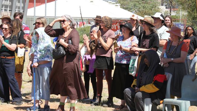 The crowd listen to the Central Arrernte traditional owners at the women's gathering at Anzac Oval, Sunday, September 15, 2024. Picture: Gera Kazakov