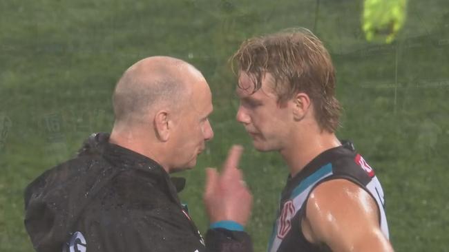 Power coach Ken Hinkley with Jason Horne-Francis after their Gather Round win against the Western Bulldogs. Photo: Fox Footy