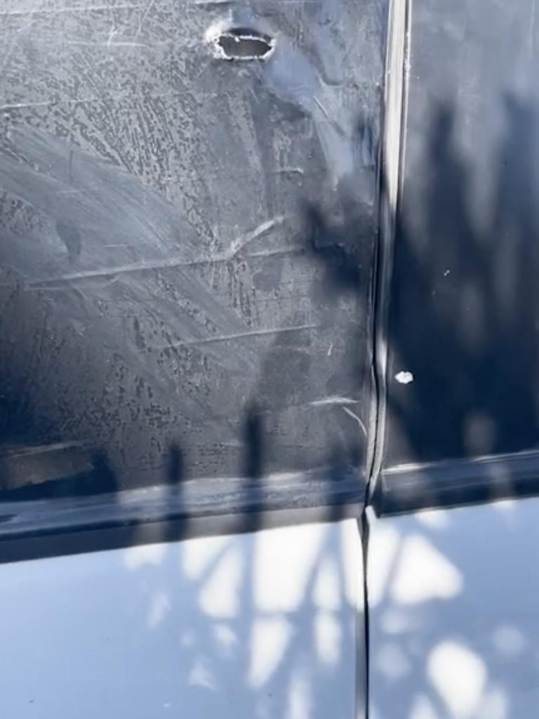 A bullet hole in the window of the vehicle Ms Ingram was travelling in. Picture: UNICEF