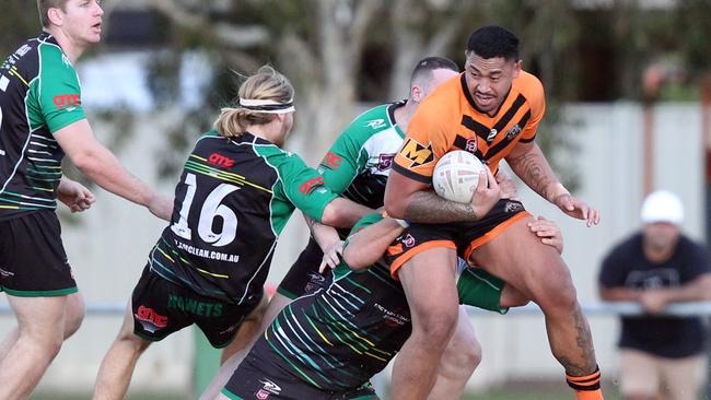 Rugby League Gold Coast (RLGC) A Grade clash between Helensvale Hornets (Green/Yellow) and Southport Tigers (Orange). John Folau. 20 June 2021 Helensvale Picture by Richard Gosling