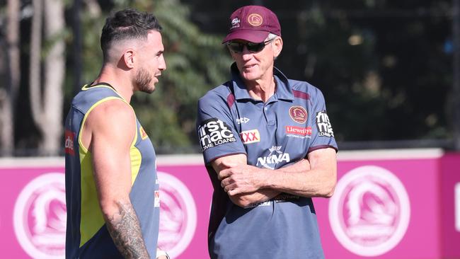 Darius Boyd and Wayne Bennett at Broncos training today. Photo: Annette Dew