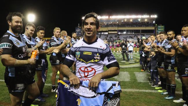 Johnathan Thurston of the Cowboys is given a guard of honour after playing his last game in Sydney.