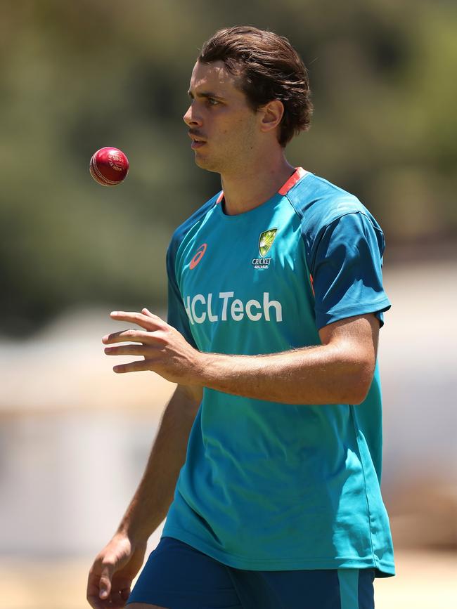 Lance Morris in Australia camp during a nets session at the WACA in Perth. Picture: Getty Images