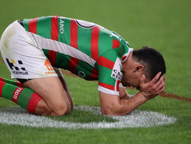 SYDNEY, AUSTRALIA - OCTOBER 17: Cody Walker of the Rabbitohs reacts after losing the NRL Preliminary Final match between the Penrith Panthers and the South Sydney Rabbitohs at ANZ Stadium on October 17, 2020 in Sydney, Australia. (Photo by Mark Kolbe/Getty Images)