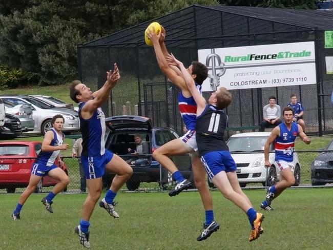 Wandin’s Pat Hodgett takes a strong mark. Picture: Robyn Kuys