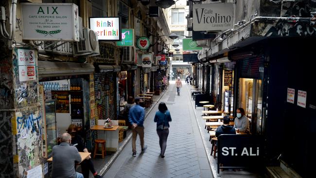 Cafes on Centre Place in central Melbourne are opening up again after the recent COVID lockdown. Picture: NCA NewsWire / Andrew Henshaw