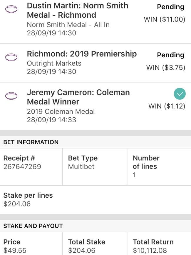 The betting slip a punter believes should have earned him more than $10,000.