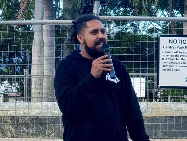 Alwyn Doolan speaks at the gathering at Central Park on Friday evening.