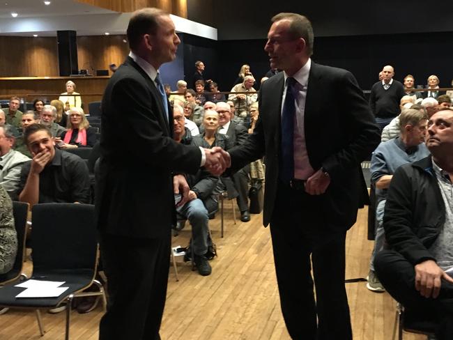 Tony Abbott (right) meets Tony Abbott impersonator Jonas Holt at the Manly Daily election forum at Dee Why RSL. Picture: Manly Daily