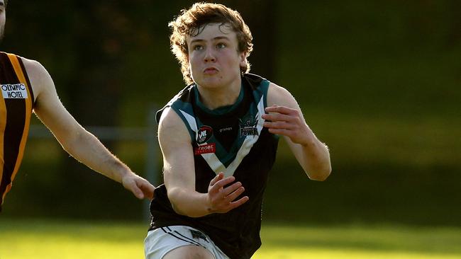 NFL footy: Heidelberg West v Laurimar: Joshua Campbell of Laurimar marks on Saturday June 25, 2022, in Heidelberg, Australia.Picture: Hamish Blair