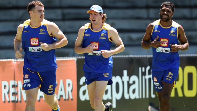 Luke Shuey, Mitchell O'Neill and Liam Ryan at Eagles training in December. Picture: Paul Kane/Getty