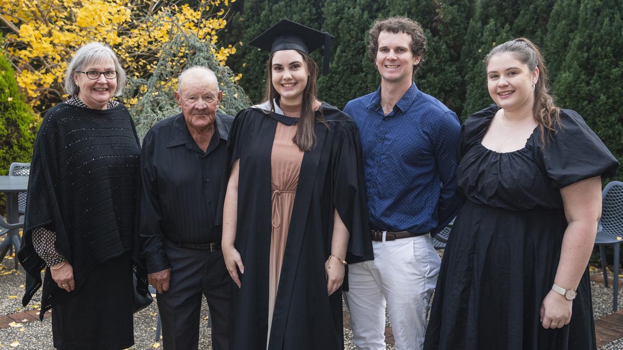 Graduate Maxine Clanchy (Bachelor of Business) with (from left) Delmae Clanchy, John Clanchy, Jeffery O'Brien and Ainsley Clanchy at a UniSQ graduation ceremony at The Empire, Tuesday, June 25, 2024. Picture: Kevin Farmer