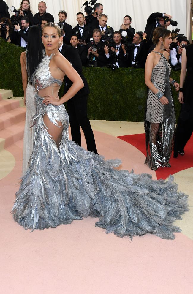 The British singer ruffled feathers in a cut-out Vera Wang frock with peekaboo skin. Picture: Larry Busacca/Getty Images