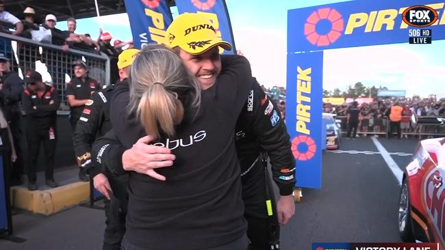 Kostecki hugs team boss Betty Klimenko. Photo: Fox Sports.