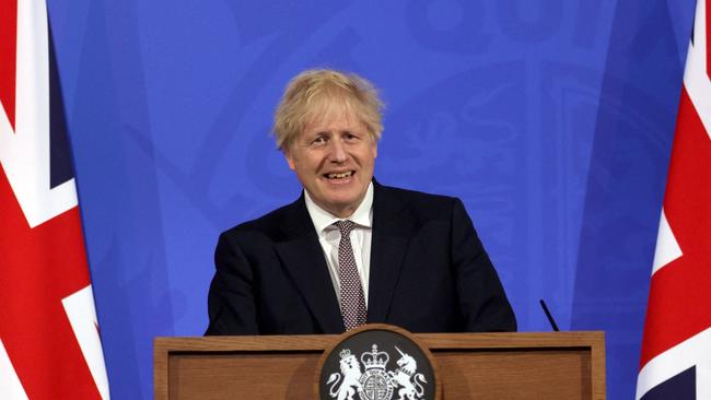 Britain’s Prime Minister Boris Johnson announces the easing of coronavirus restrictions during a press conference inside the Downing Street Briefing Room in central London. Picture: AFP