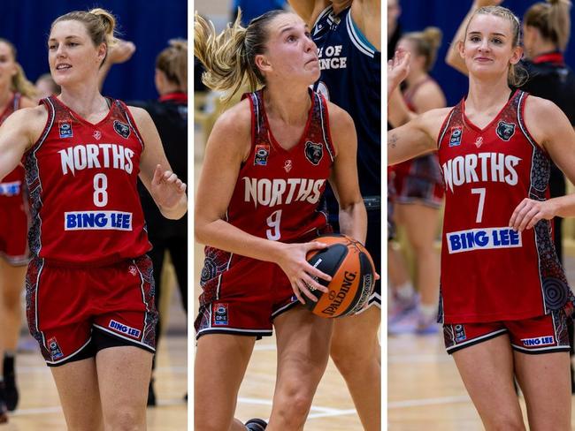 Jessica Bygate, Madeleine O'Hehir and Holly Wills of the Norths Bears in the NBL1 East. Pictures: @DiscoveryOne_Photography