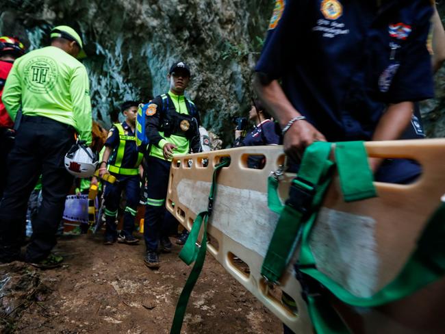 Thai rescue personnel arrive at the Tham Luang cave to conduct operations to find the missing boys. Picture: AFP