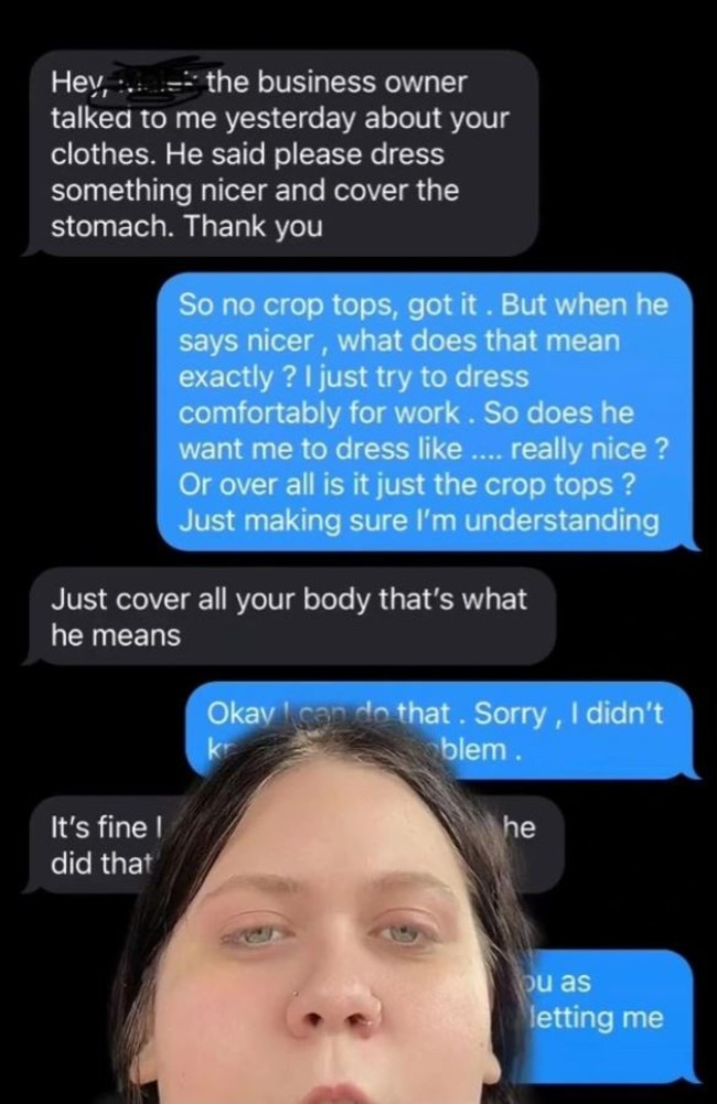The messages instructed her to ‘dress nicer’ and ‘cover the stomach’. Picture: TikTok/abigaylecanterbury