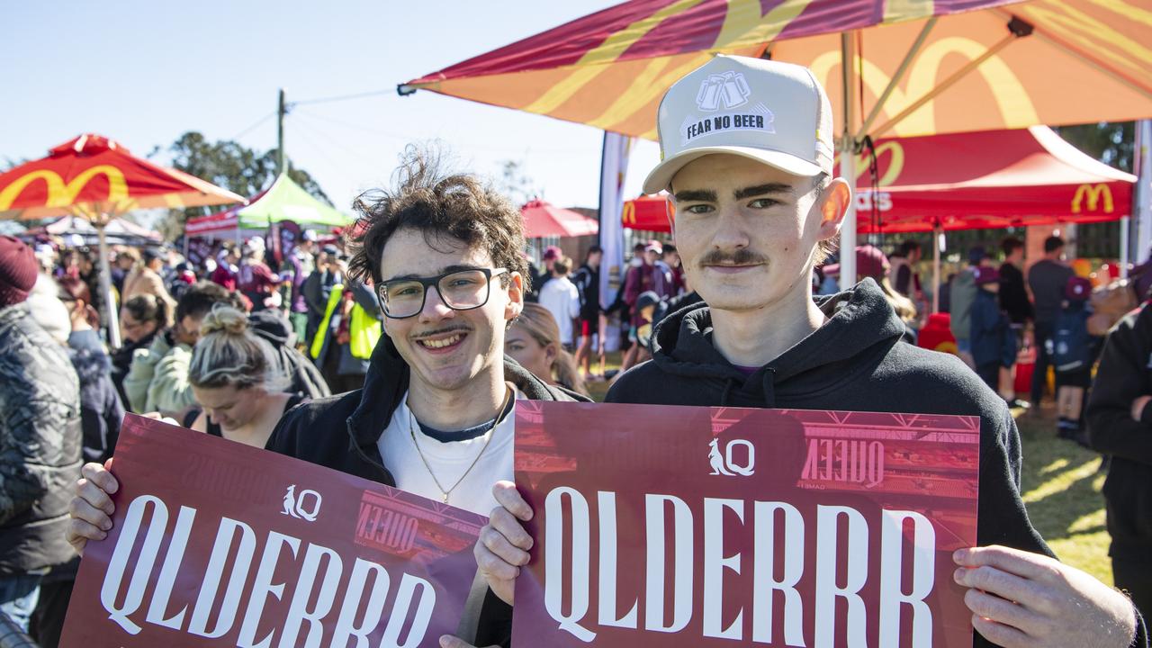 Nicholas Panagopoulos (left) and Anthony Keleher at Queensland Maroons fan day at Toowoomba Sports Ground, Tuesday, June 18, 2024. Picture: Kevin Farmer