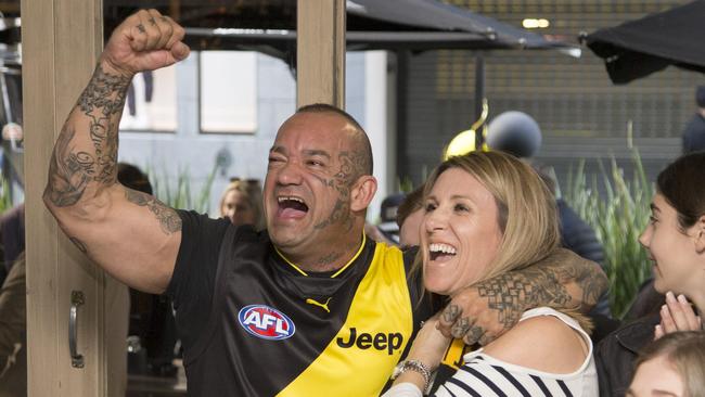 Shane Martin and wife Adriana watch Dustin in the Grand Final. Picture: Simon Runting