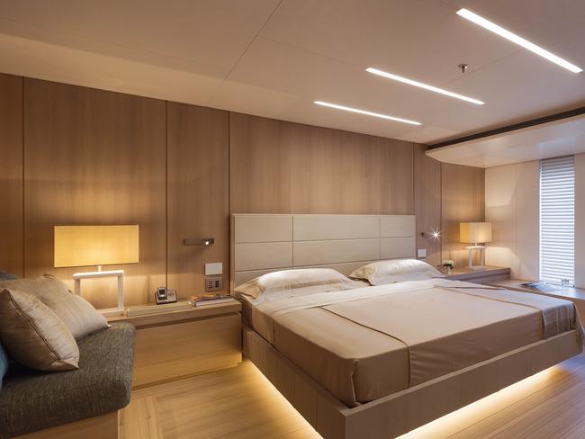 The bedroom inside a Stella Maris superyacht being sold by Gold Coast based Yacht Boat Brokerage