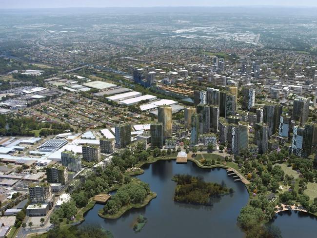 Artist impressions of the new suburb in Liverpool Moore Point. It is currently a brownfield site sitting on the Georges River across from the Liverpool CBD, transforming from a collection of rundown sheds and barren fields, into a vibrant, modern community. An aerial view of Moore Point