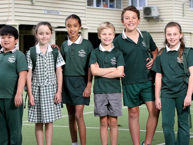 L to R, Troy grade 3, Emma grade 3, Sianna grade 5, Harry grade 3, Samuel grade 5, Mia 5, all from Rainworth State School which was Queensland's top performing government school in this year's NAPLAN results, Bowen Hills, on Thursday August 29, 2019 - Photo Steve Pohlner