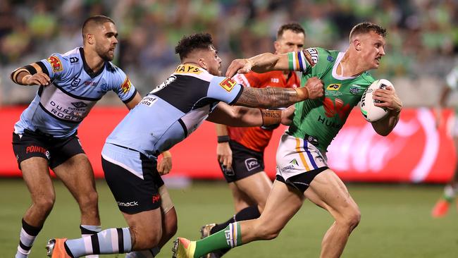 Jack Wighton scores a try for Raiders in the win over Cronulla. Picture: Cameron Spencer/Getty Images