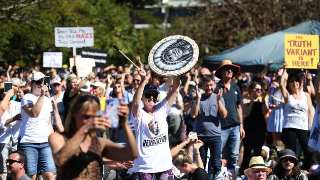 People gather for a large protest to rally for freedom of speech, movement, choice, assembly, and Health in Brisbane. Picture: NCA NewsWire / Dan Peled