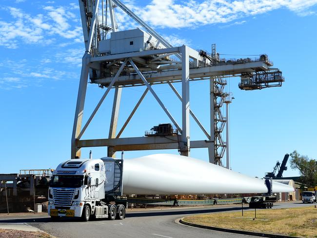 Large 70-metre wind turbine blades, bound for the Kennedy Energy Park Wind Farm in Hughenden, as they’re imported through the Port of Townsville in 2018.