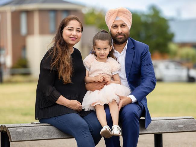 Realestate agent Kulwant Singh, his pregnant wife Sandeep Kaur and daughter Japnaaz Kaur 3 years old at Lyndhurst  in the City of Casey which is predicted to be home to nearly 100,000 kids under 14 by 2030. Picture: Jason Edwards