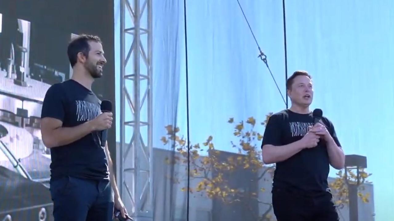 Drew Baglino and Elon Musk on stage at Tesla Battery Day.