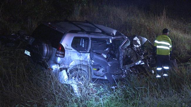 The scene of a two-vehicle crash at Cedar Creek overnight in which Julia May, 47, was killed. Picture: Loudlabs Australia.