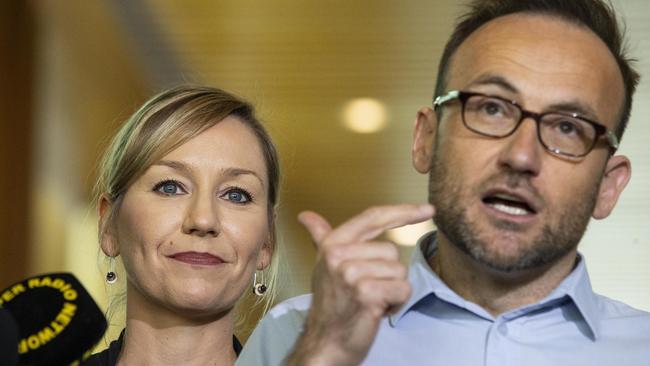 Adam Bandt, accompanied by Greens deputy Senate leader Larissa Waters. Picture: Gary Ramage