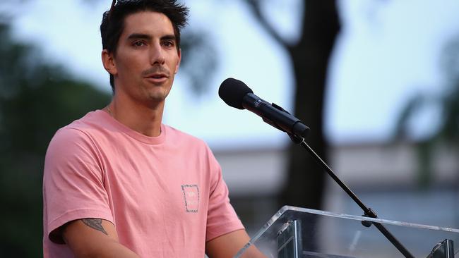 Nathaniel Clarke, brother of Hannah Clarke, speaks at a vigil to remember his murdered sister and her three children. Picture: Jono Searle/Getty Images