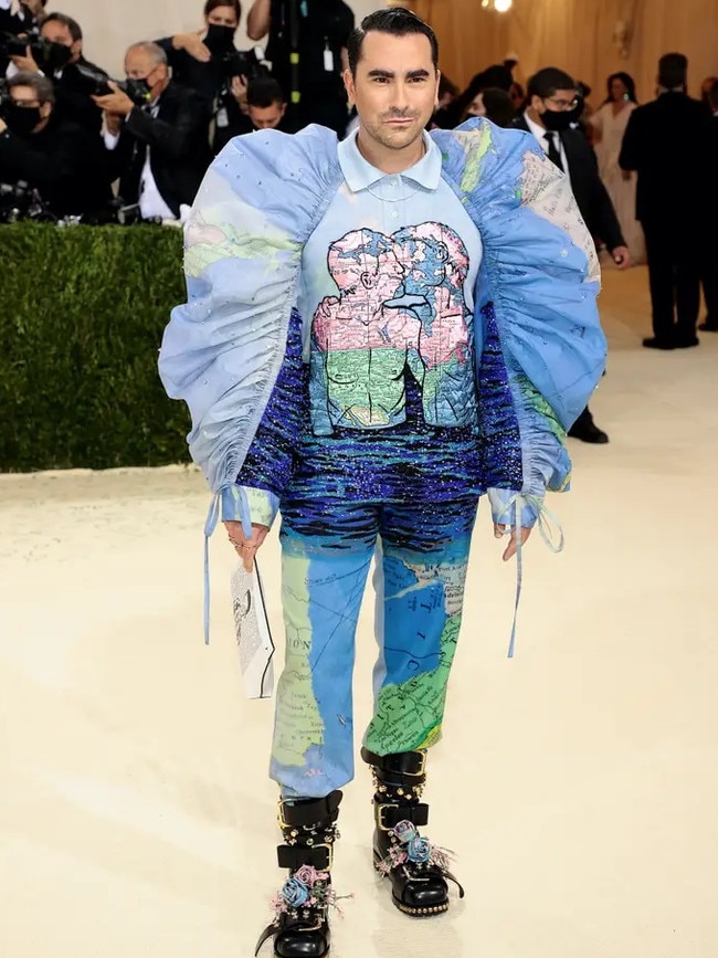 While the message behind Dan Levy’s look at the 2021 Met Gala was an admirable one, it doesn’t excuse dressing like the iconic venom spitting dinosaur from Jurassic Park. Picture: Getty.