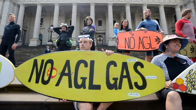 Protesters gather outside Parliament House to oppose AGL’s plan to build a gas import terminal at Westernport Bay. Picture: NCA NewsWire/Andrew Henshaw