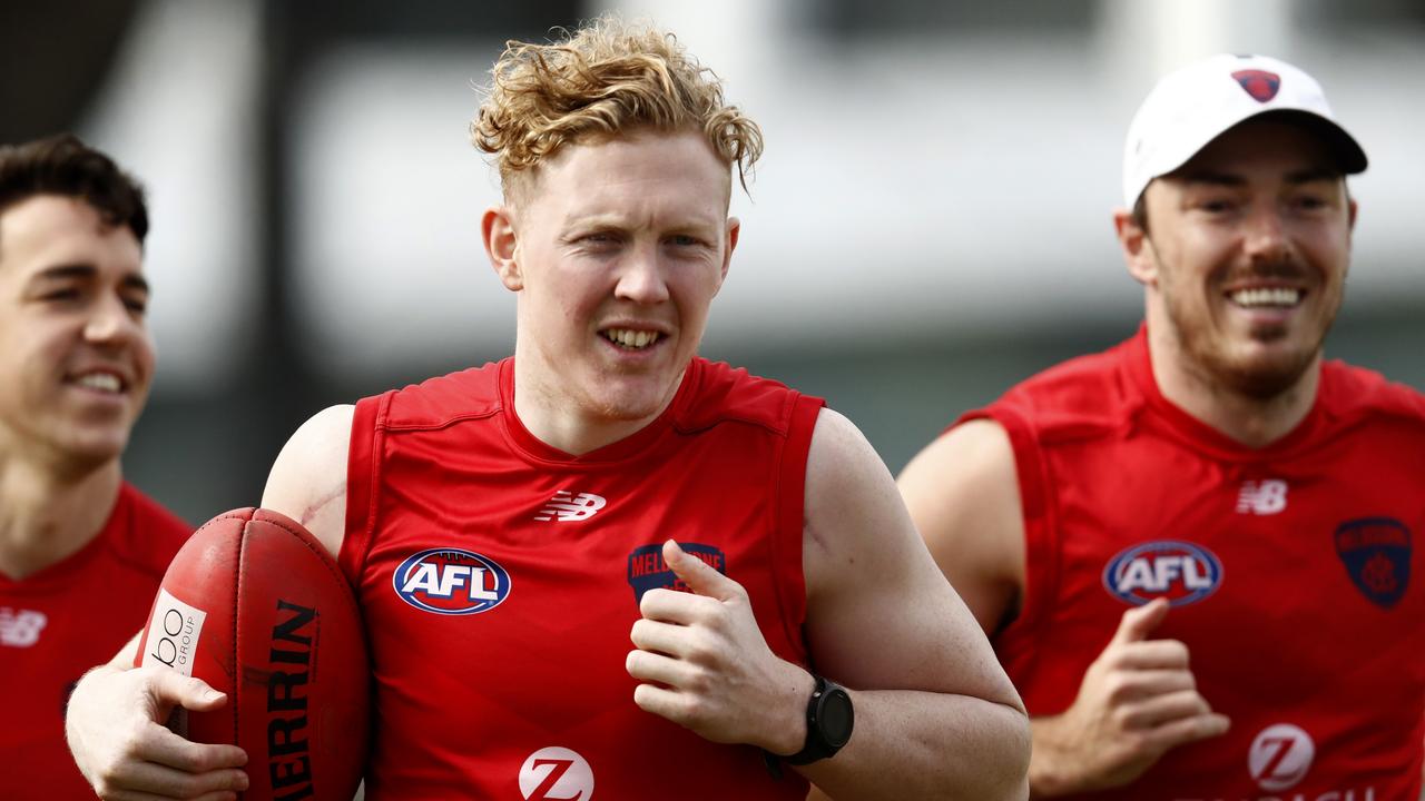 MELBOURNE, AUSTRALIA - AUGUST 17: Clayton Oliver of the Demons runs laps during a Melbourne Demons AFL training session at Gosch's Paddock on August 17, 2021 in Melbourne, Australia. (Photo by Darrian Traynor/Getty Images)