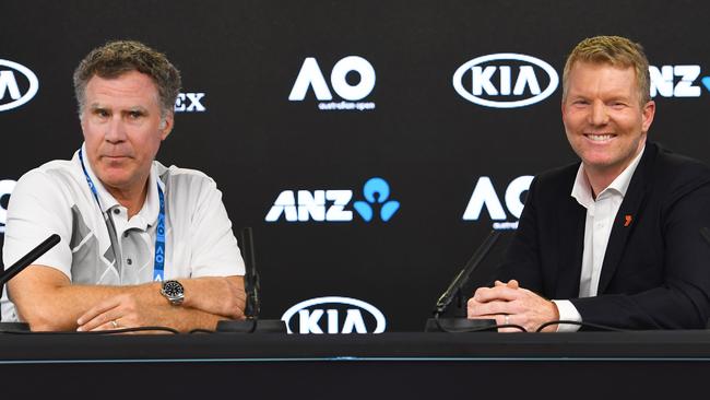 Will Ferrell at his press conference alongside Jim Courier. Picture: Getty