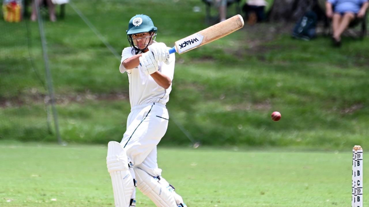 BBC batsman D'Arcy Satharasinghe GPS first XI cricket between BBC v TSS at Parkman Park. Saturday February 17, 2024. Picture, John Gass