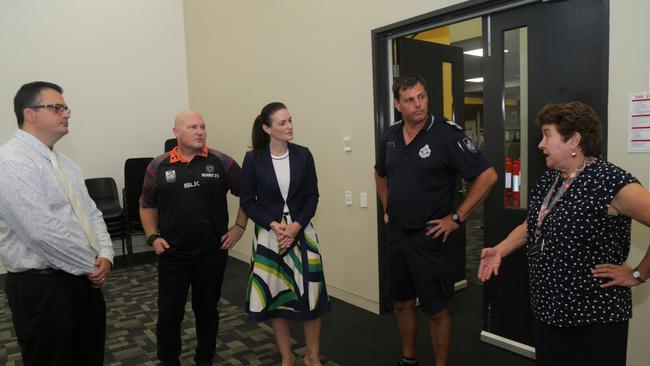 Youth justice deputy director general Phillip Brooks, Mulgrave MP Curtis Pitt, Children and Youth Justice Minister Leanne Linard, PCYC youth club management Steven Pattono and youth justice regional director Tracey Harding at the Edmonton PCYC. Picture: Peter Carruthers